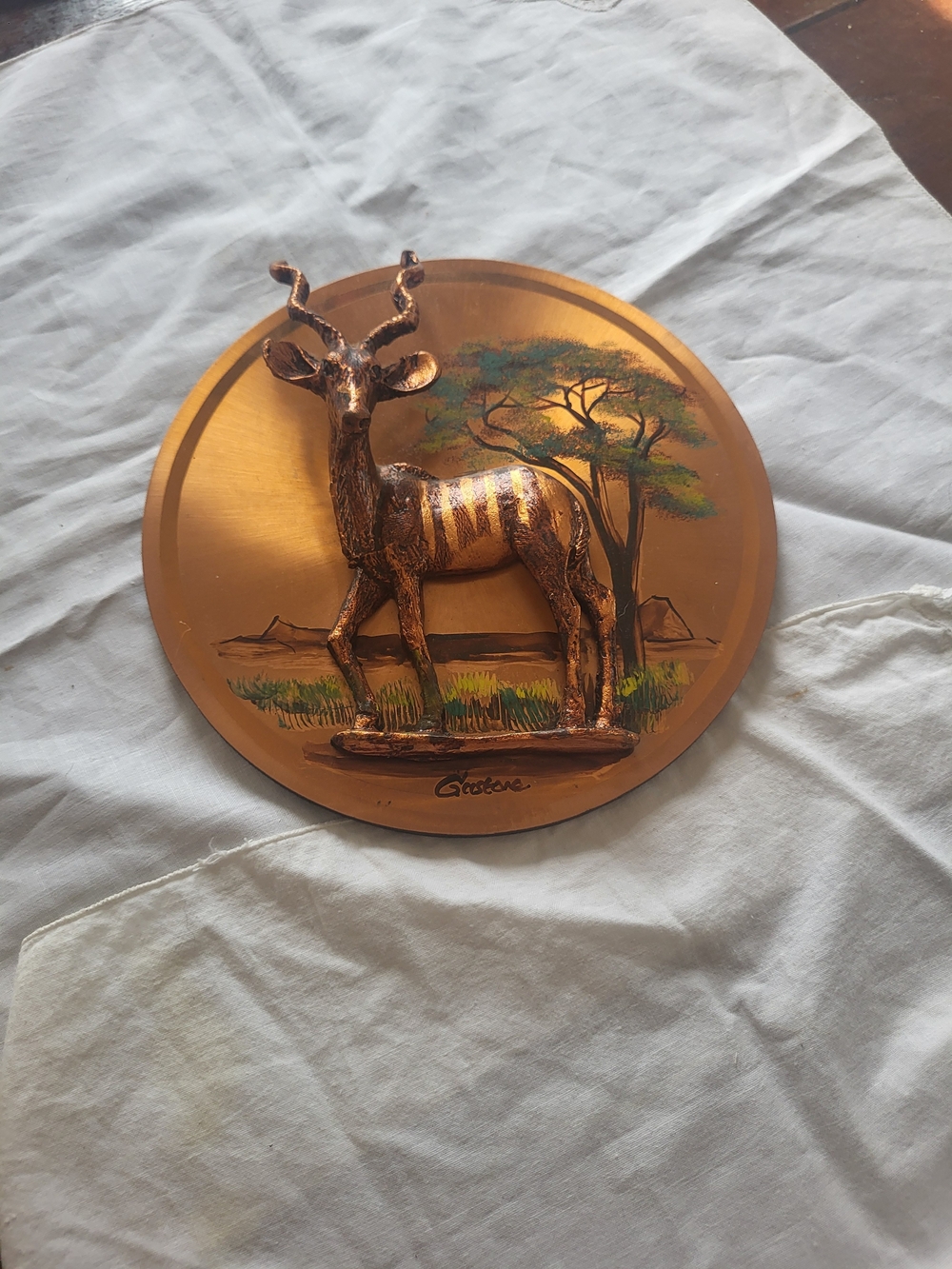 Vintage 1974 Gastone Copper art Deer Stag signed original hand painted. Rare